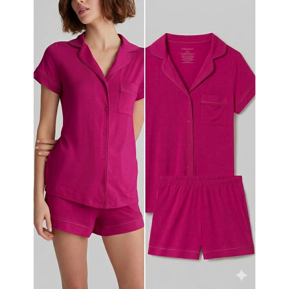Women’s Short Sleeve Button Pajama Set - Fuchsia Pink
